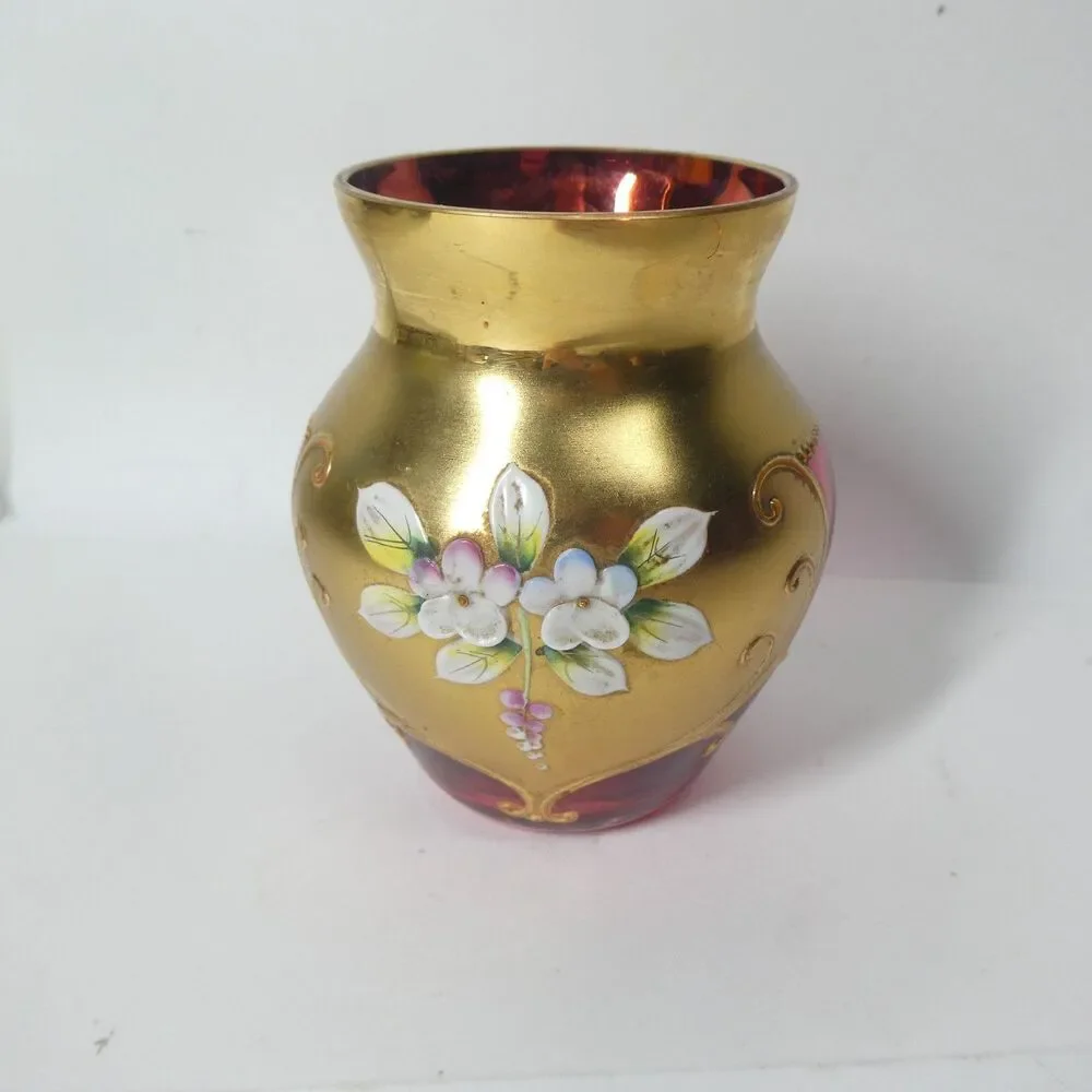 Cranberry Glass Vase Gold Flowers Bohemian Czech Vintage 3.5